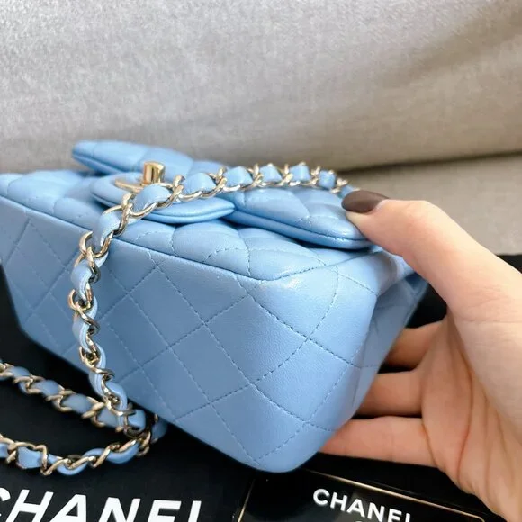 98% NEW CHANEL LAMB SKIN BABY BLUE SQUARE FLAP BAG - Picture 12 of 15